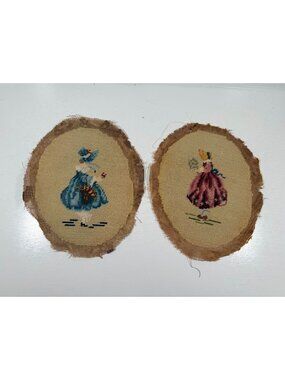 Vintage 2 Needlepoint Oval Victorian Dressed Ladies Bonnets Basket Flowers 10x8"